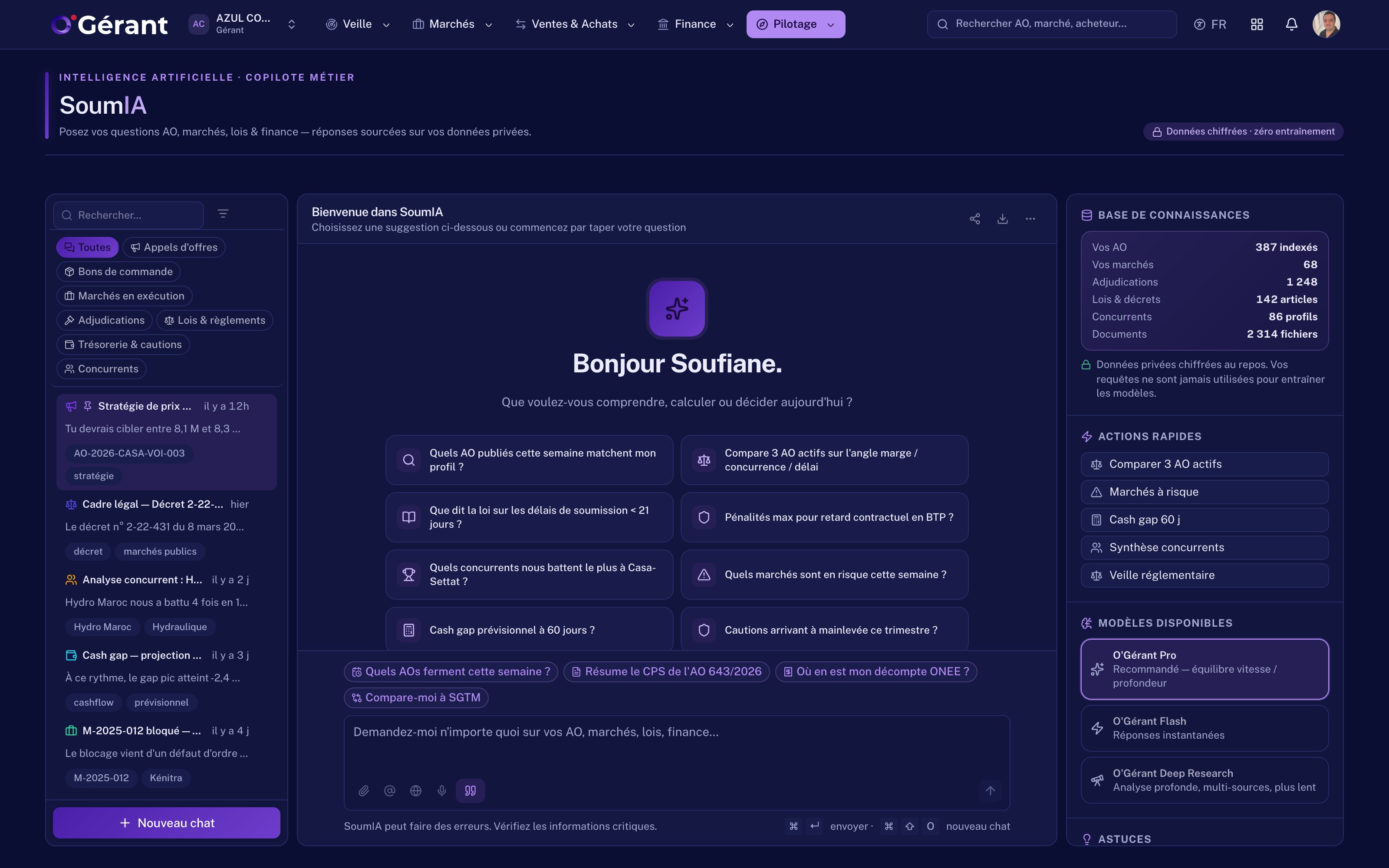 Assistant IA · questions sur AO, lois, finance et concurrents