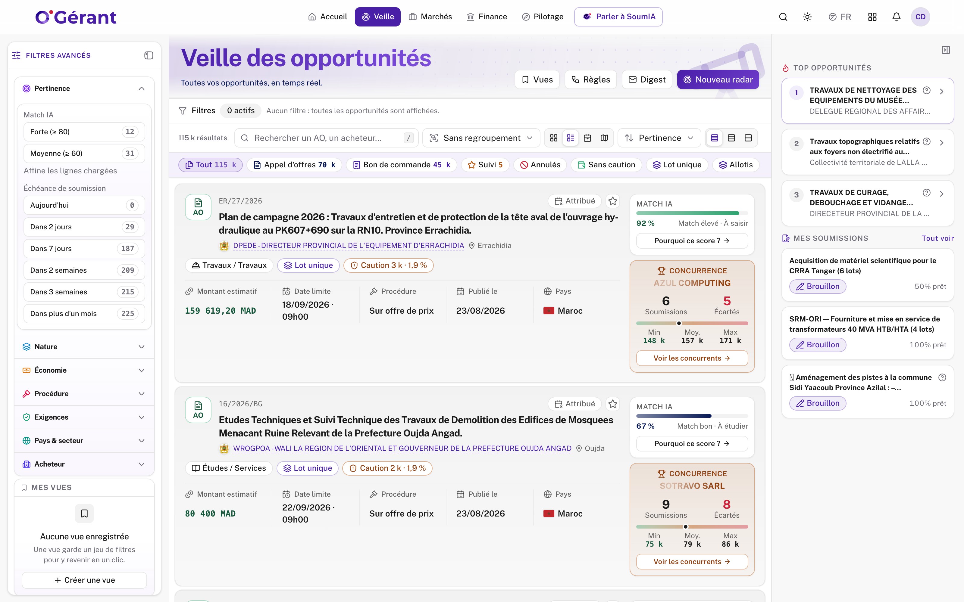 Démonstration Ogerant : correspondance avec le profil à 92 % et 67 %, montants et résultats illustratifs