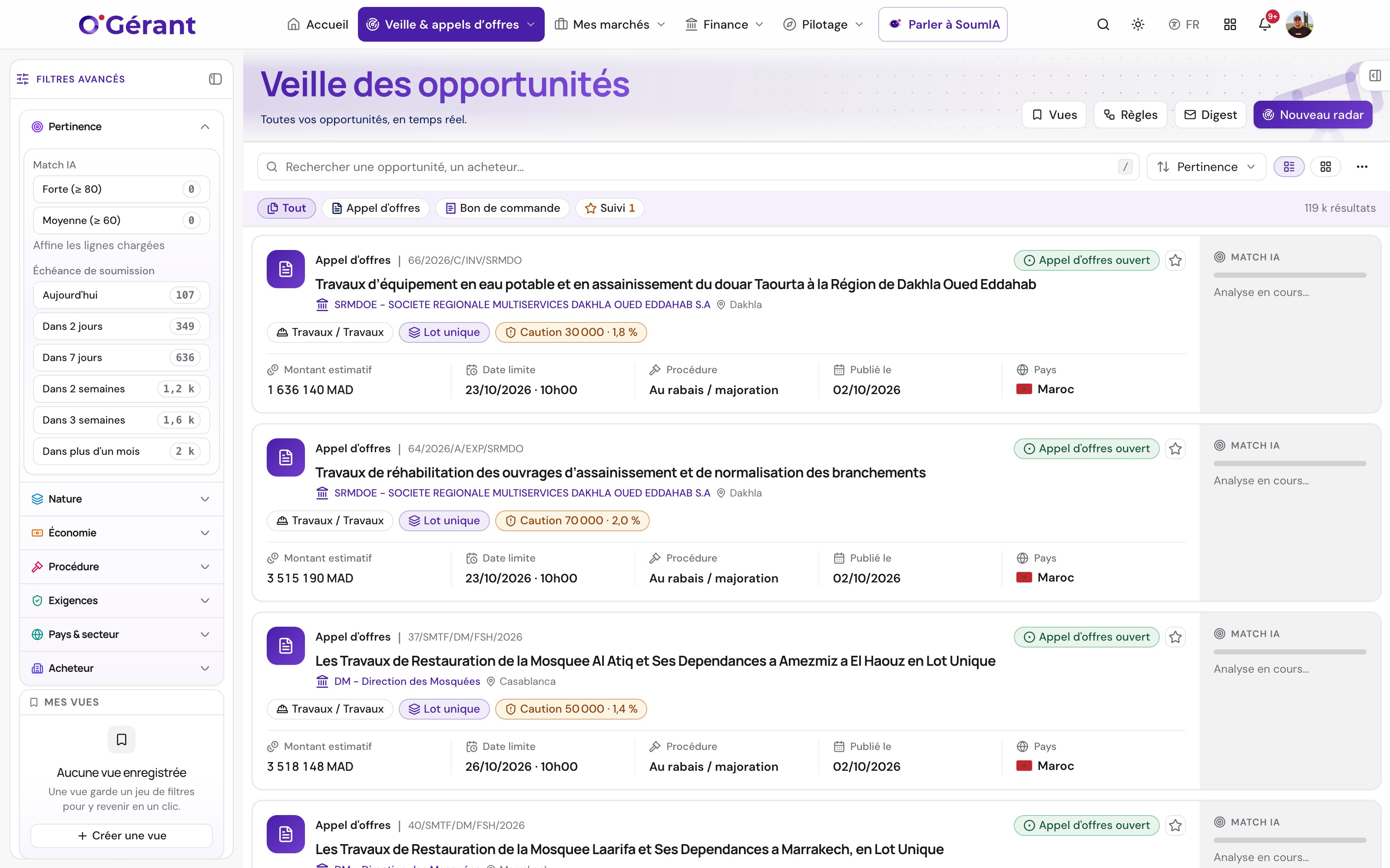 Veille des marchés publics · appels d’offres et état des analyses